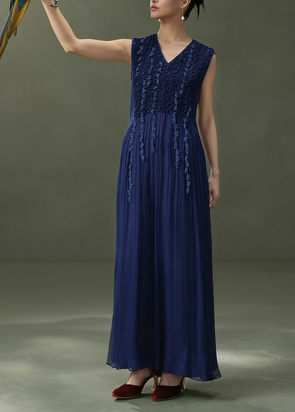 Fitted V Neck Wrinkled Trim Long Dress Sleeveless