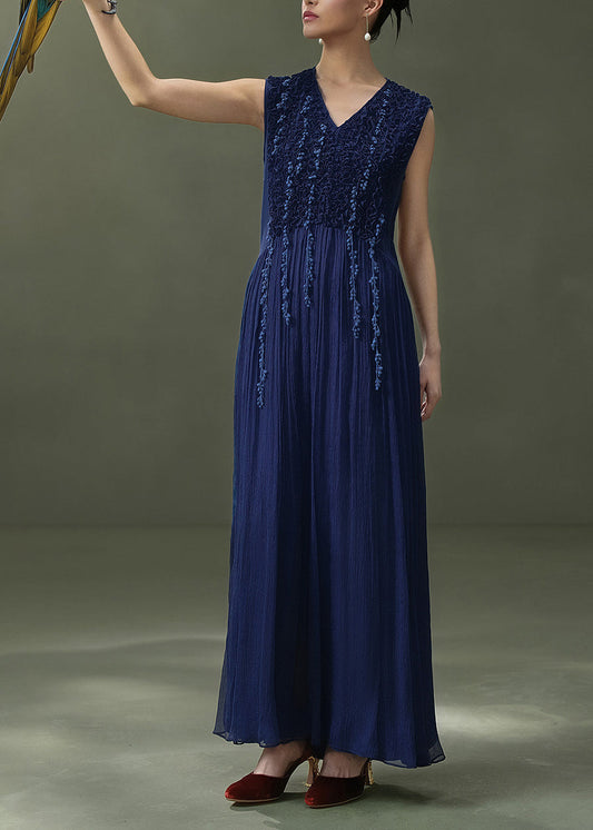 Fitted V Neck Wrinkled Trim Long Dress Sleeveless