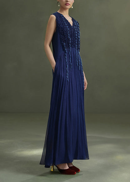Fitted V Neck Wrinkled Trim Long Dress Sleeveless