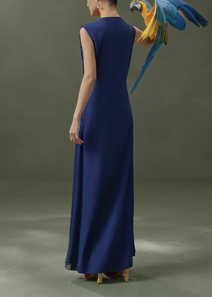 Fitted V Neck Wrinkled Trim Long Dress Sleeveless