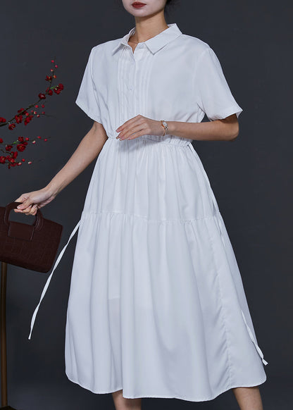 Fitted White Cinched Wrinkled Cotton Dresses Summer