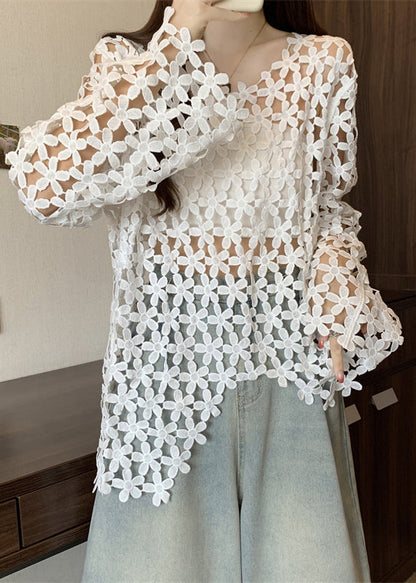 Fitted White Embroidered Floral Hollow Out Tops Fall