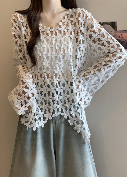 Fitted White Embroidered Floral Hollow Out Tops Fall