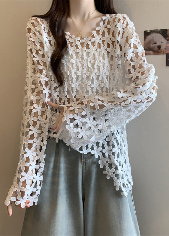 Fitted White Embroidered Floral Hollow Out Tops Fall