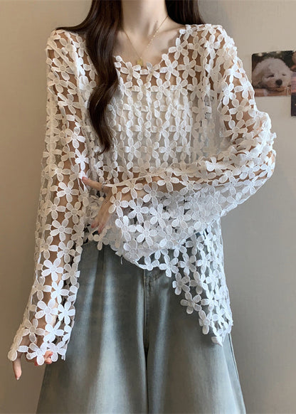 Fitted White Embroidered Floral Hollow Out Tops Fall