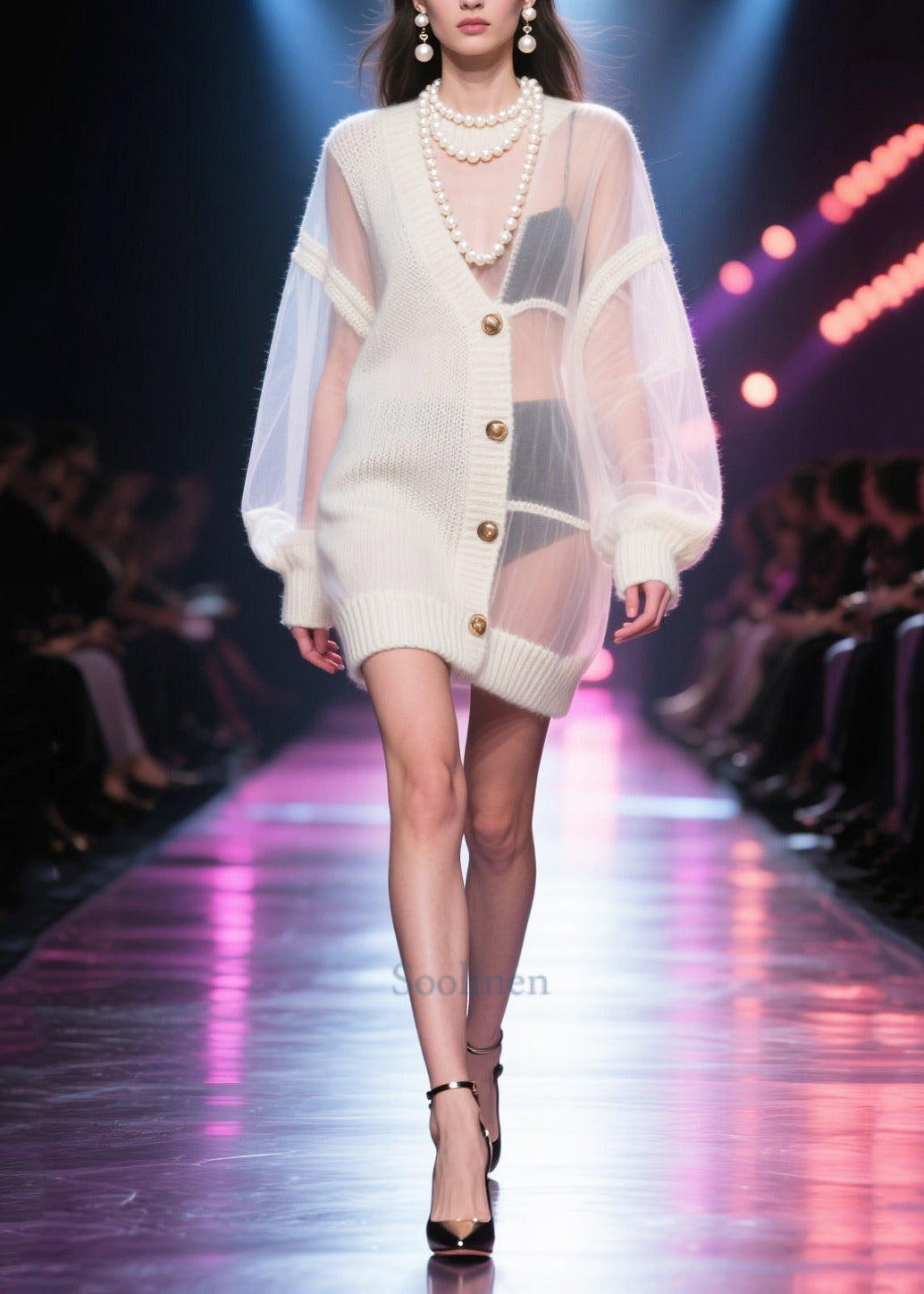 Fitted White Hollow Out Patchwork Tulle Knit Coats Fall