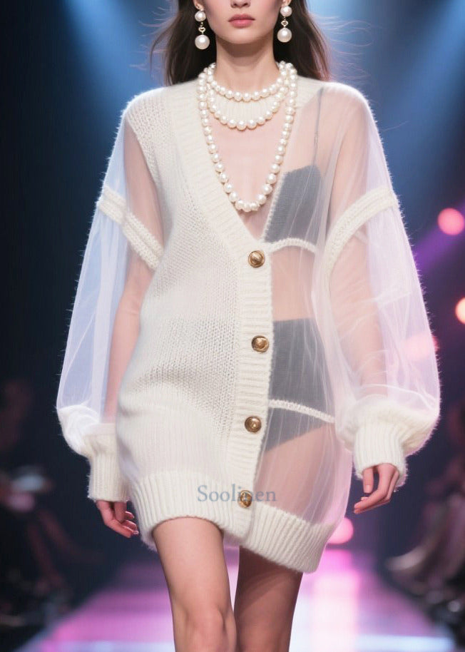 Fitted White Hollow Out Patchwork Tulle Knit Coats Fall