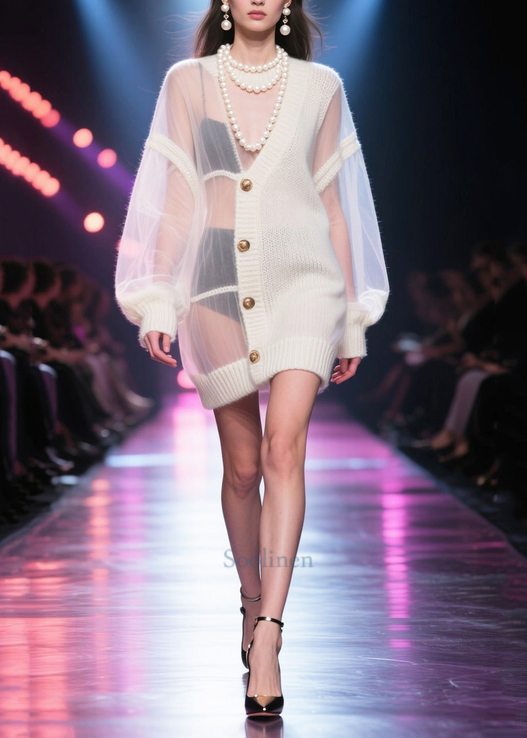 Fitted White Hollow Out Patchwork Tulle Knit Coats Fall