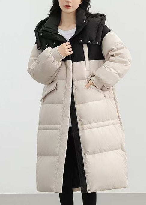 Fitted White Hooded Patchwork Duck Down Puffer Jacket Winter