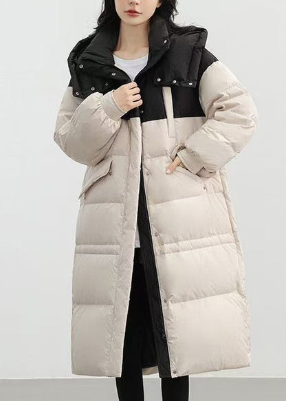 Fitted White Hooded Patchwork Duck Down Puffer Jacket Winter