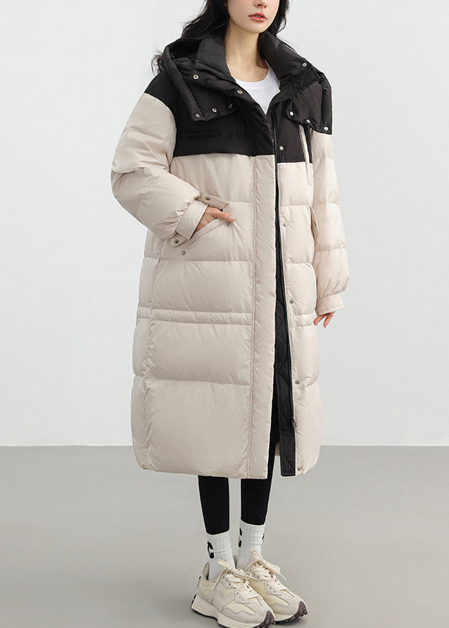 Fitted White Hooded Patchwork Duck Down Puffer Jacket Winter