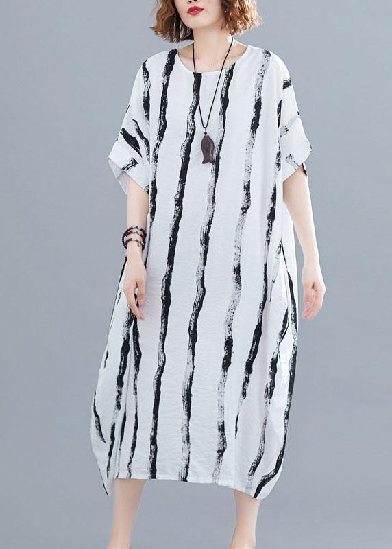 Fitted White O-Neck Striped Summer Robe Dresses - SooLinen