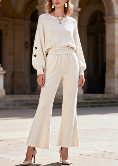 Fitted White O Neck Top And Flared Trousers Knit Two Pieces Set Spring