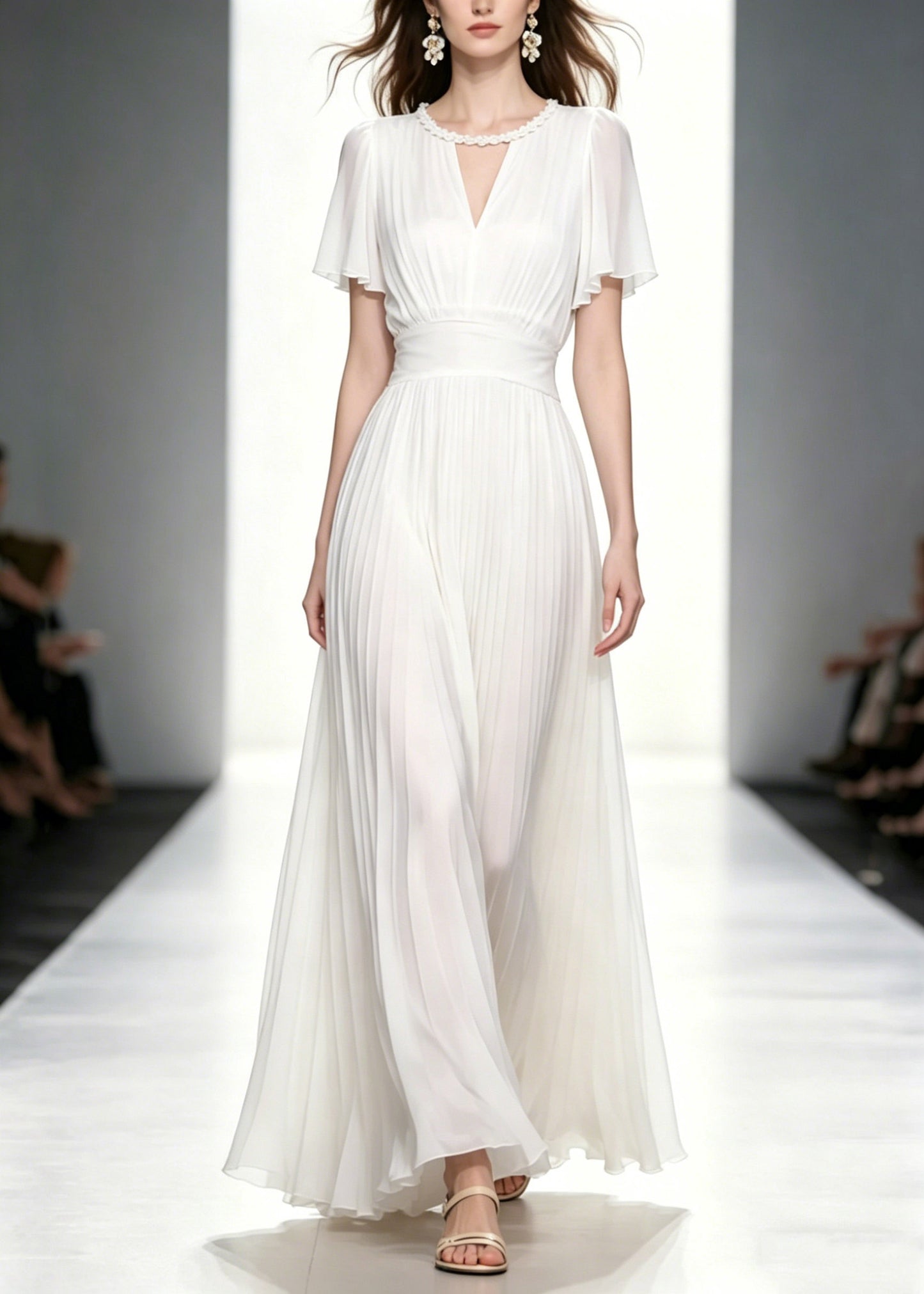 Fitted White O-Neck Wrinkled Tunic Solid Chiffon Long Dresses Summer