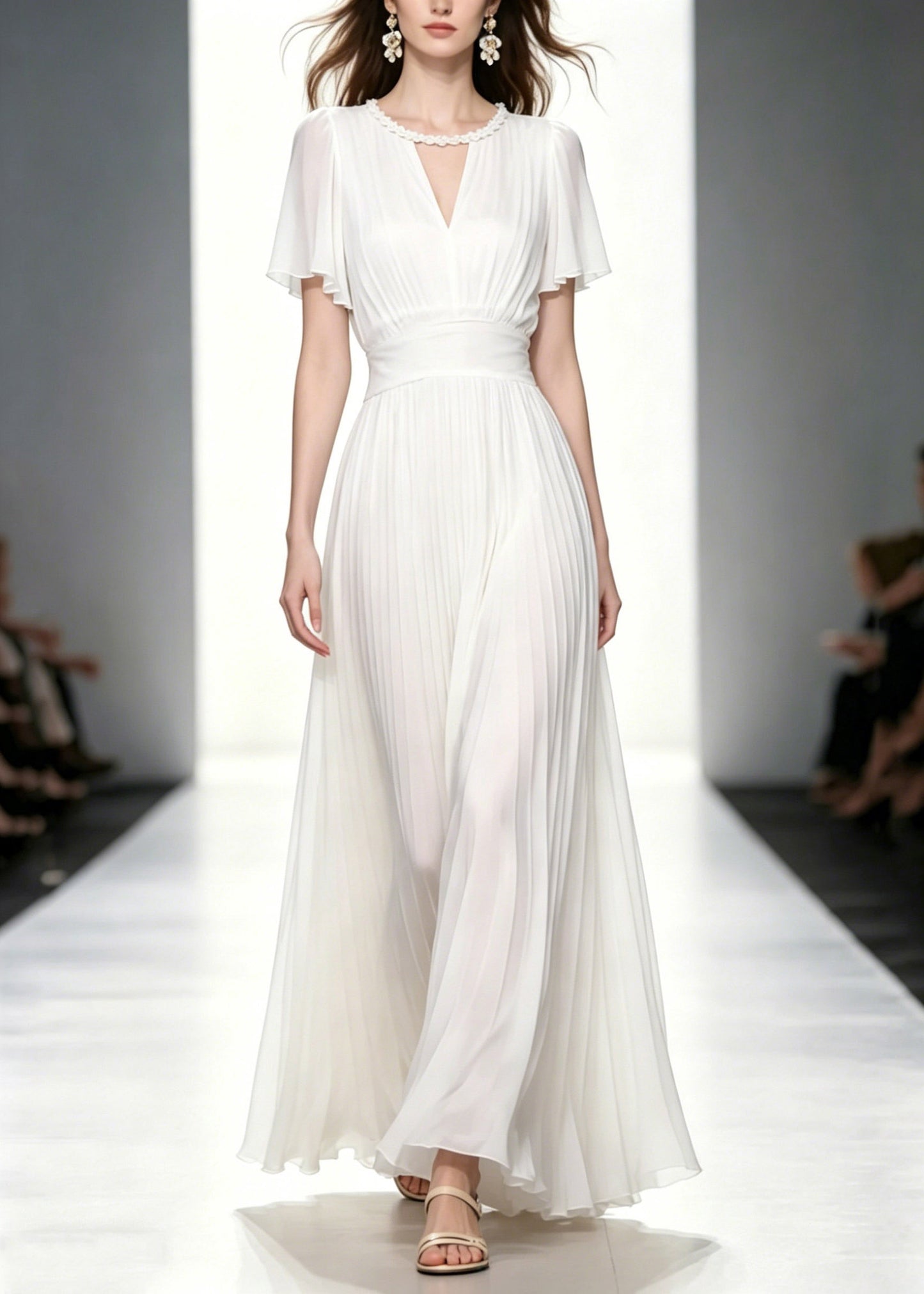 Fitted White O-Neck Wrinkled Tunic Solid Chiffon Long Dresses Summer
