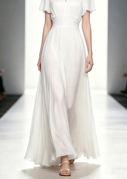 Fitted White O-Neck Wrinkled Tunic Solid Chiffon Long Dresses Summer