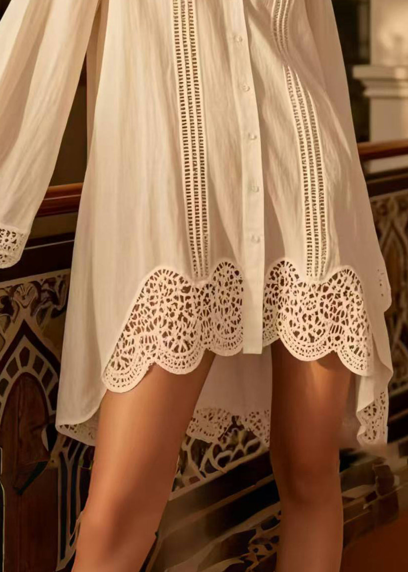 Fitted White Oversized Hollow Out Cotton Shirt Dresses Spring