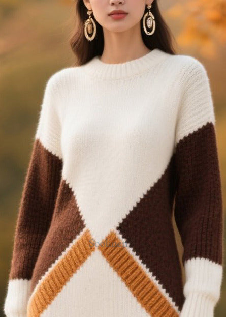 Fitted White Oversized Patchwork Thick Knit Dress Winter