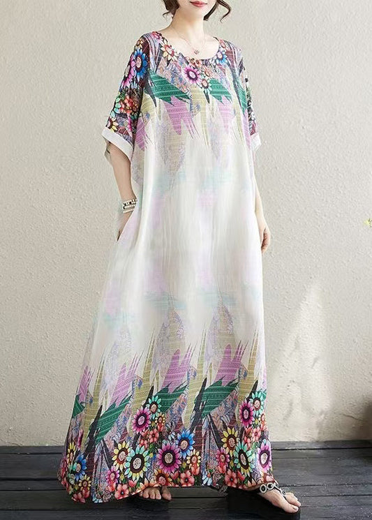 Fitted White Oversized Print Cotton Sundress Batwing Sleeve
