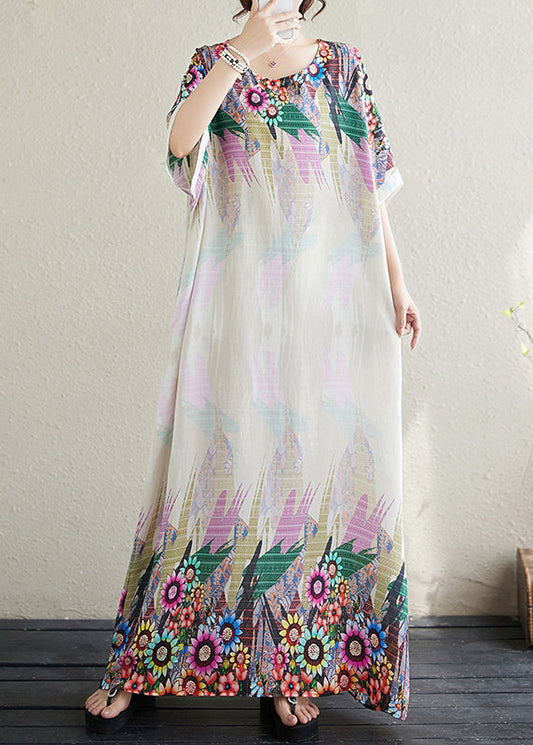 Fitted White Oversized Print Cotton Sundress Batwing Sleeve
