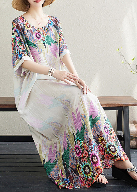 Fitted White Oversized Print Cotton Sundress Batwing Sleeve