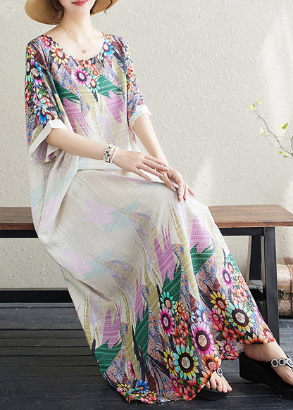 Fitted White Oversized Print Cotton Sundress Batwing Sleeve