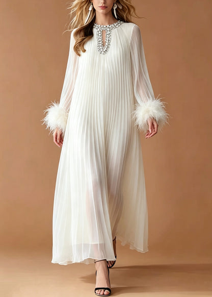 Fitted White Oversized Rhinestone Chiffon Pleated Dresses Summer