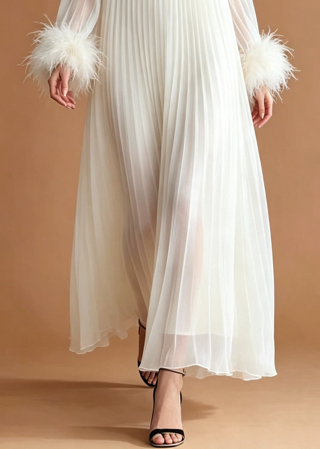 Fitted White Oversized Rhinestone Chiffon Pleated Dresses Summer