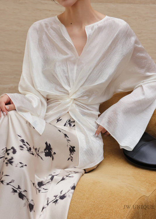 Fitted White Oversized Wrinkled Chiffon Shirt Summer