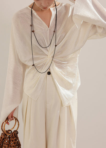 Fitted White Oversized Wrinkled Chiffon Shirt Summer