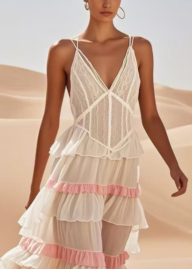 Fitted White Ruffled Patchwork Cotton Spaghetti Strap Dress Summer