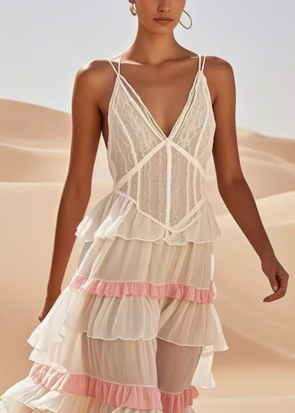 Fitted White Ruffled Patchwork Cotton Spaghetti Strap Dress Summer