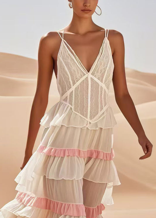 Fitted White Ruffled Patchwork Cotton Spaghetti Strap Dress Summer