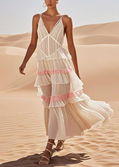 Fitted White Ruffled Patchwork Cotton Spaghetti Strap Dress Summer