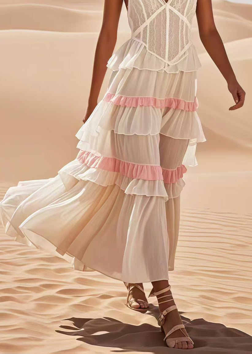 Fitted White Ruffled Patchwork Cotton Spaghetti Strap Dress Summer