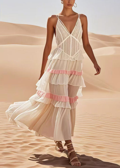 Fitted White Ruffled Patchwork Cotton Spaghetti Strap Dress Summer