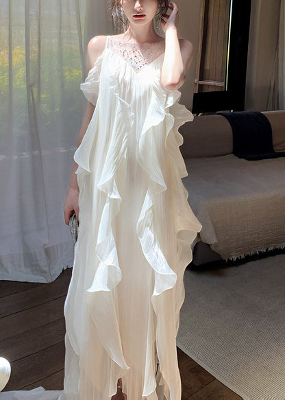 Fitted White Ruffled Patchwork Rhinestone Chiffon Long Dresses Summer