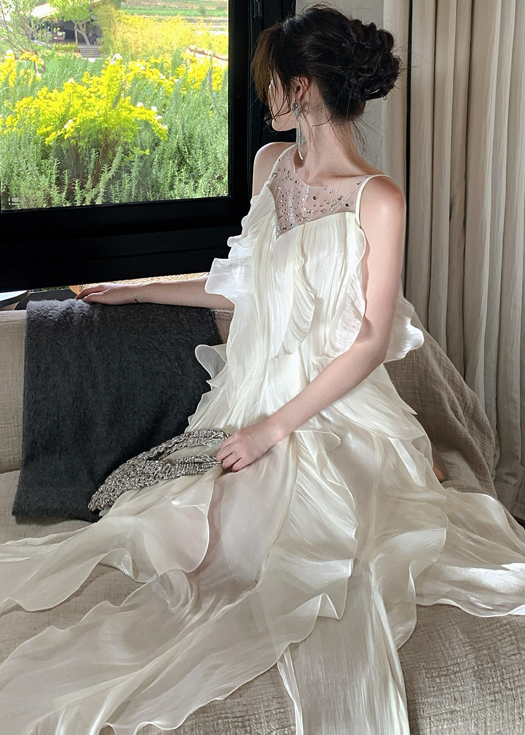 Fitted White Ruffled Patchwork Rhinestone Chiffon Long Dresses Summer