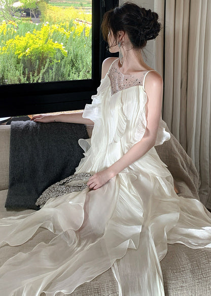 Fitted White Ruffled Patchwork Rhinestone Chiffon Long Dresses Summer