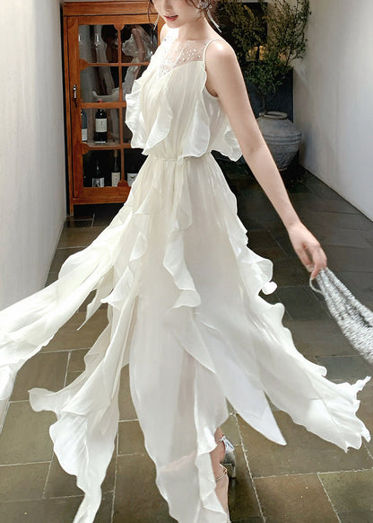 Fitted White Ruffled Patchwork Rhinestone Chiffon Long Dresses Summer