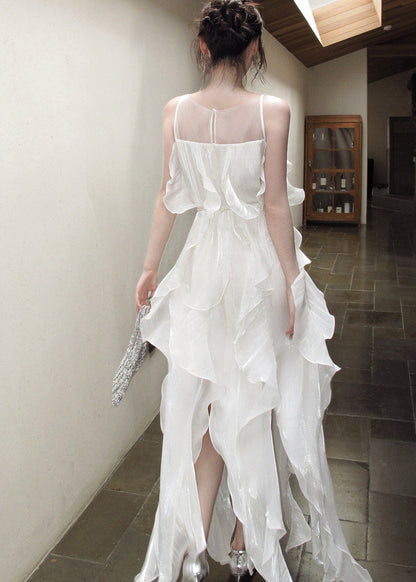 Fitted White Ruffled Patchwork Rhinestone Chiffon Long Dresses Summer