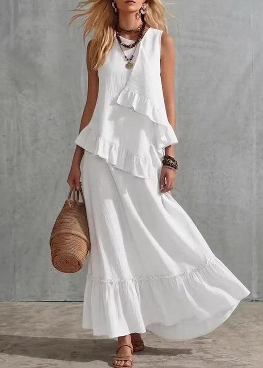 Fitted White Ruffled Patchwork Top And Maxi Skirts Two Pieces Set Sleeveless