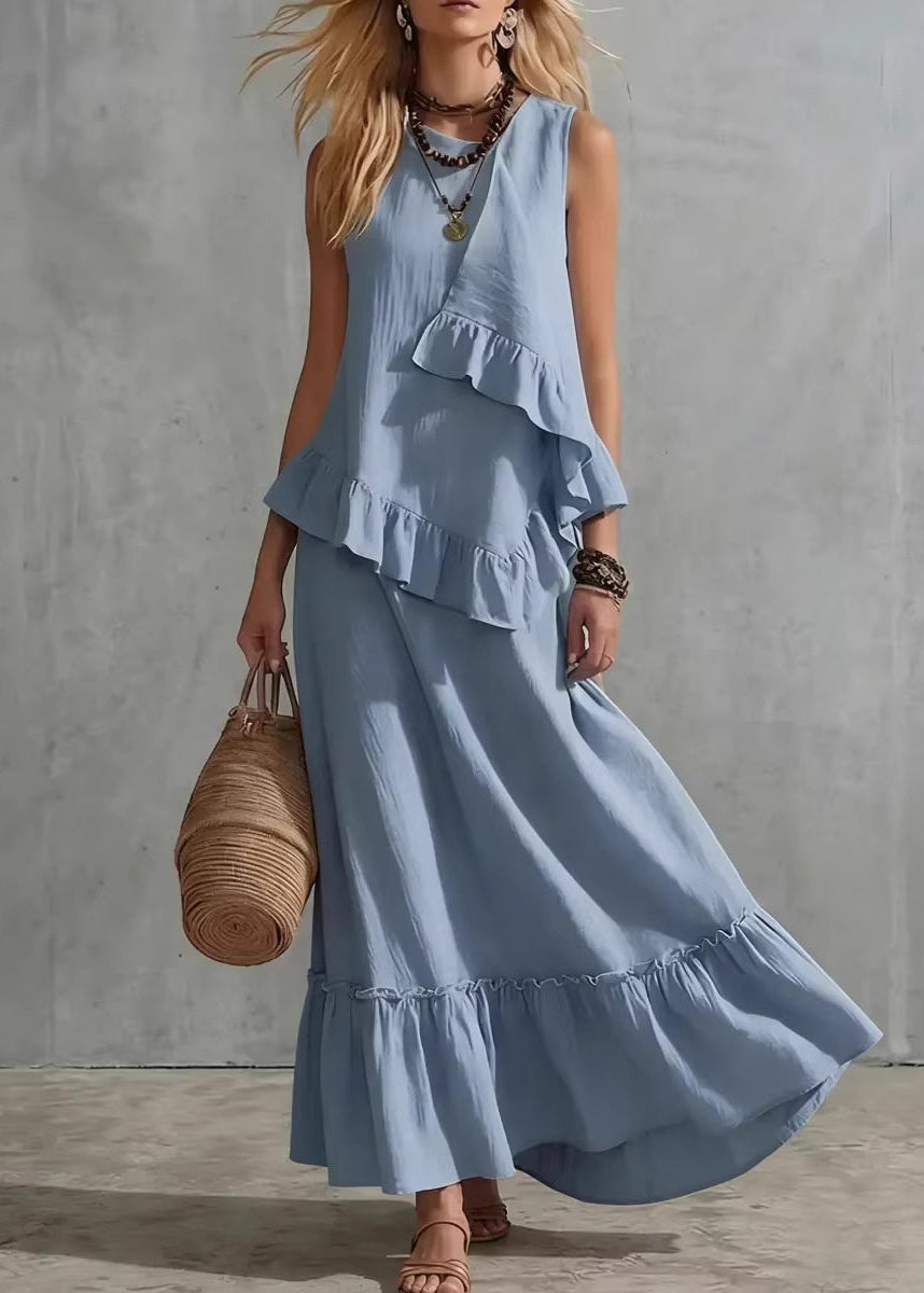 Fitted White Ruffled Patchwork Top And Maxi Skirts Two Pieces Set Sleeveless