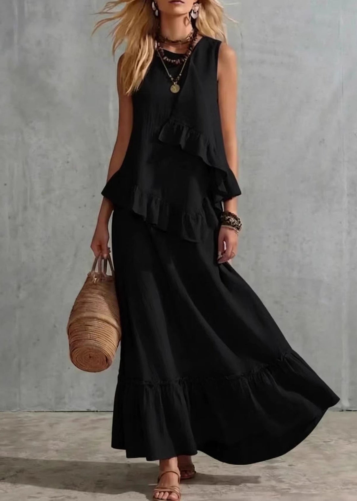 Fitted White Ruffled Patchwork Top And Maxi Skirts Two Pieces Set Sleeveless