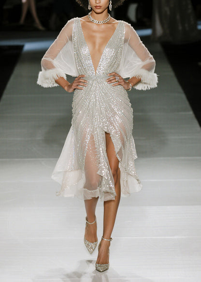 Fitted White Sequins Patchwork Faux Fur Sheer Dress Summer