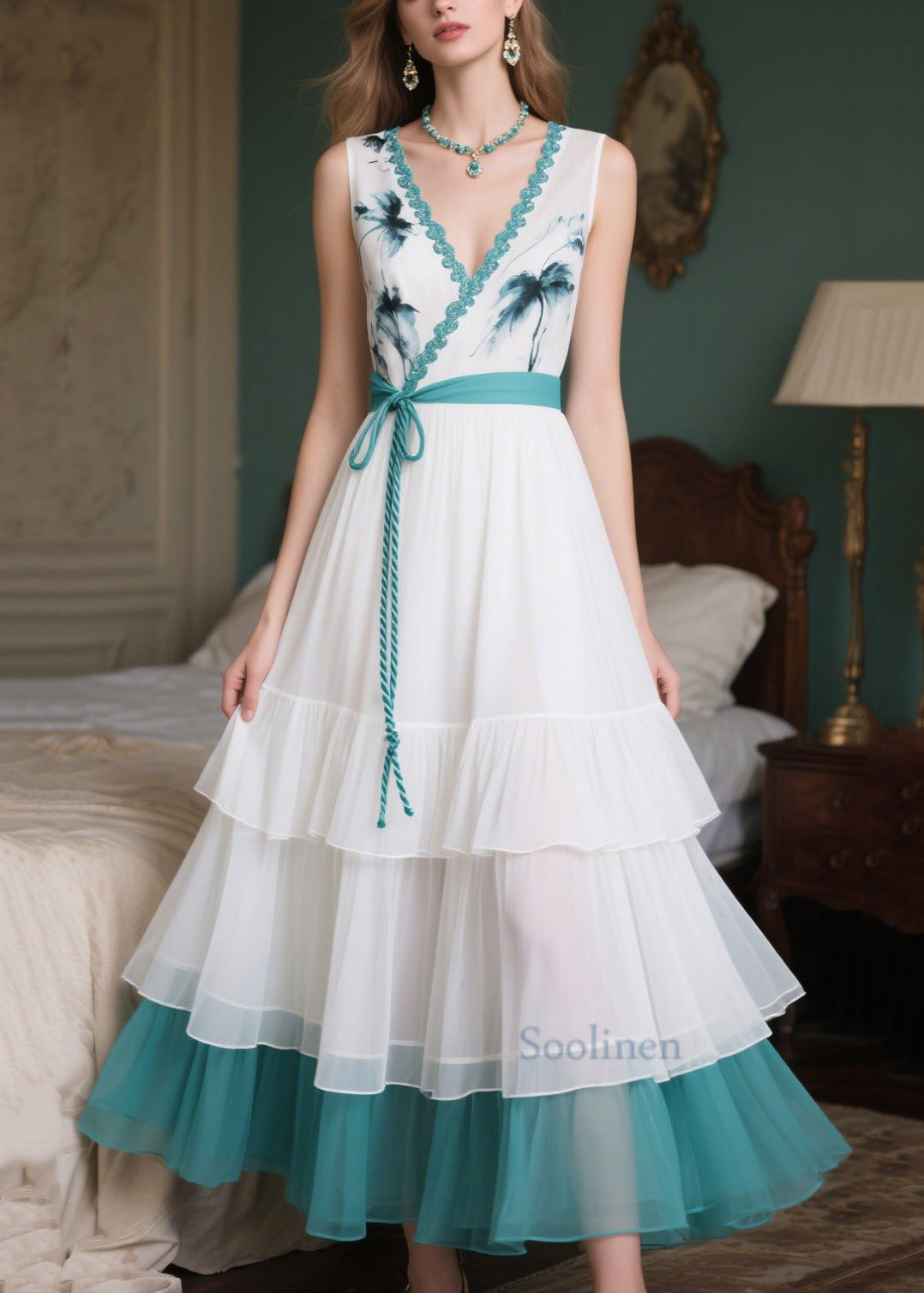 Fitted White Tie Waist Patchwork Chiffon Vacation Dresses Summer