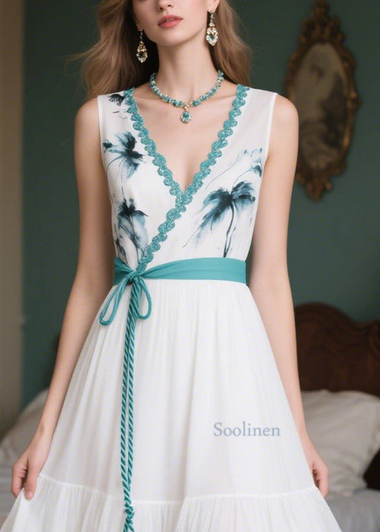 Fitted White Tie Waist Patchwork Chiffon Vacation Dresses Summer