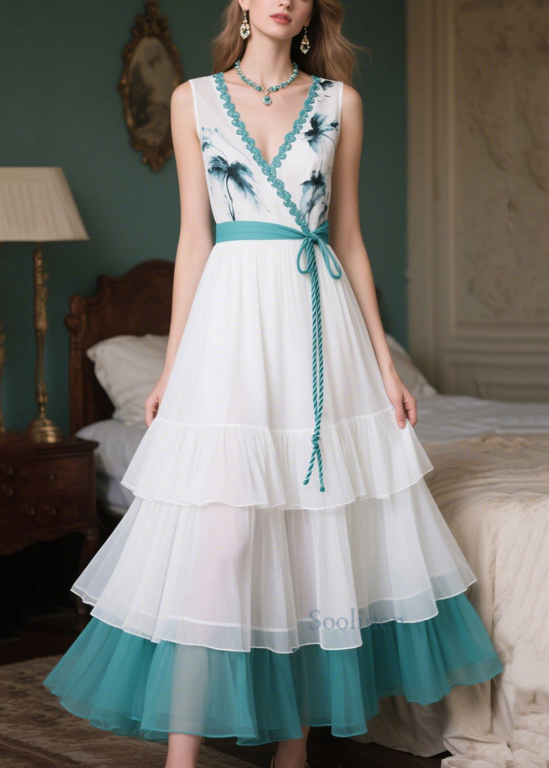 Fitted White Tie Waist Patchwork Chiffon Vacation Dresses Summer