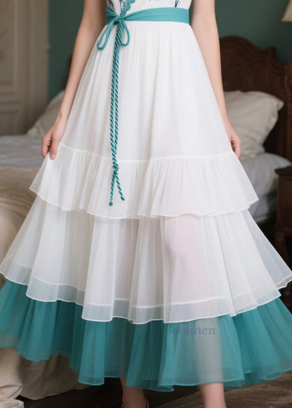 Fitted White Tie Waist Patchwork Chiffon Vacation Dresses Summer