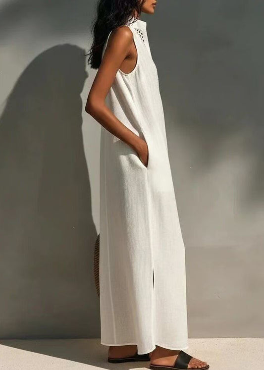 Fitted White V Neck Cut Out Cotton Long Dress Sleeveless